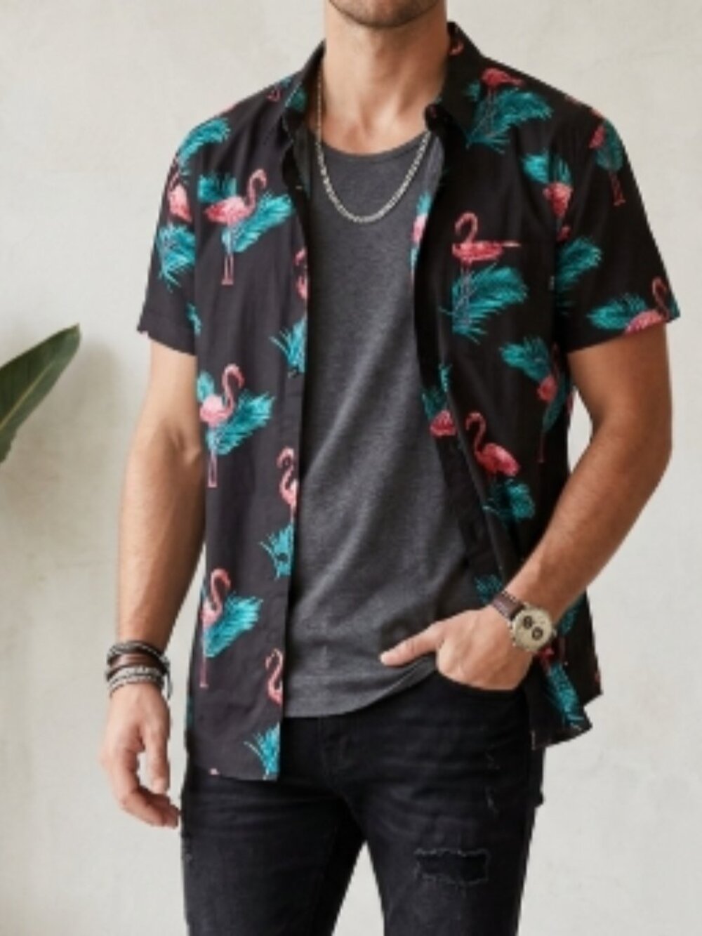 WESTY Flamingo Palm Button-Up Shirt M Tropical Novelty Cotton Resort Hawaiian